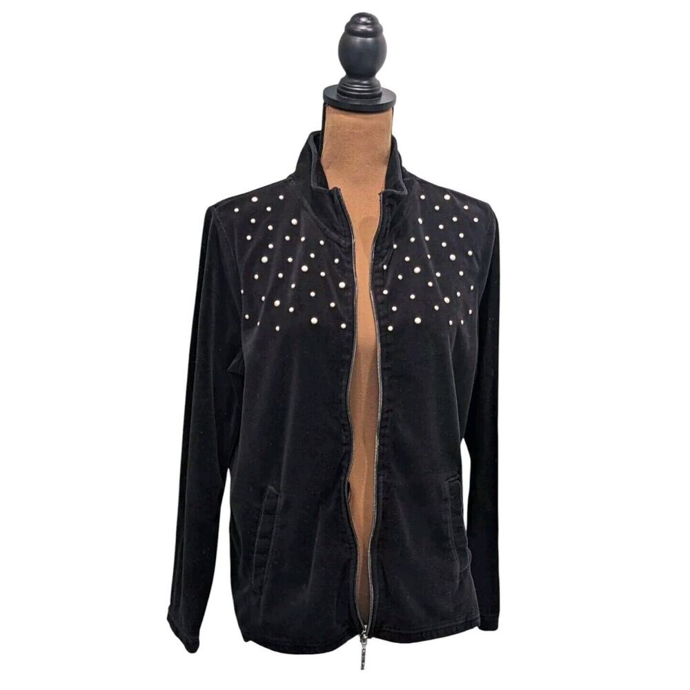 Y2K Track Jacket L Pearl Studded Black Velour Zip Up Pockets Cozy VTG mcbling
